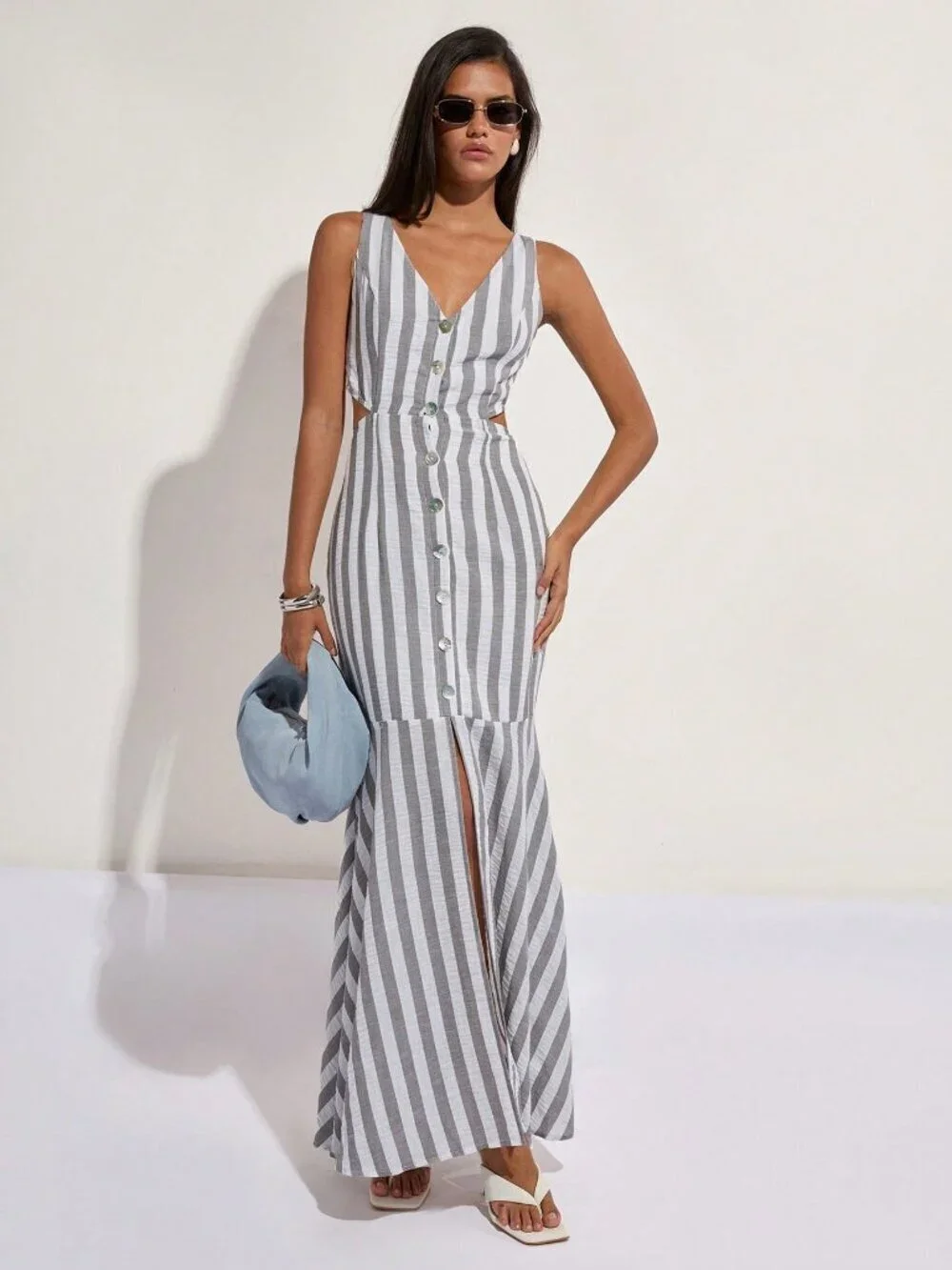 Multicolor Casual Women's striped hollow Back v-neck Mermaid maxi Dress vacay